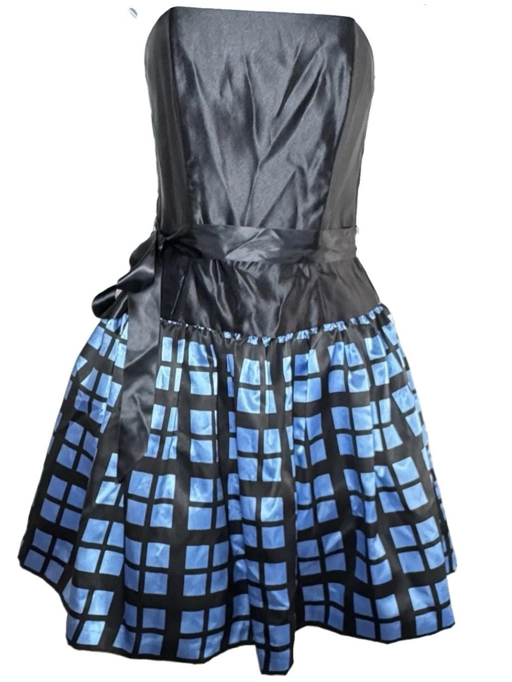Jessica McClintock Gunne Sax Strapless Satin Mini Dress 3 Black Blue Vintage USA